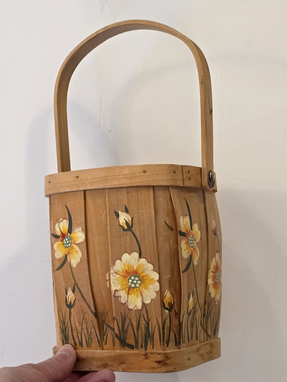 Vtg Toll Painted Flowers Balsa Wood Accent Basket Cottagecore Prairie Artsy